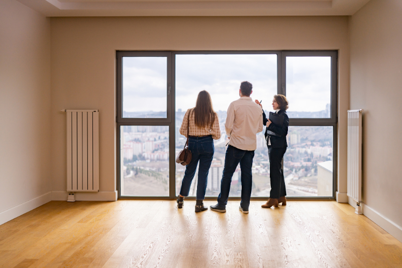 Female real estate agent showing house to young couple